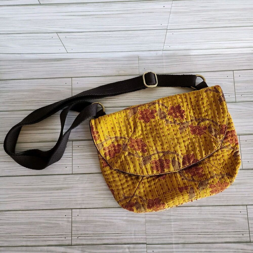 Sari Bali Cloth Bag Purse Brown Mustard Yellow Crossbody Hippie Boho Brass Snap